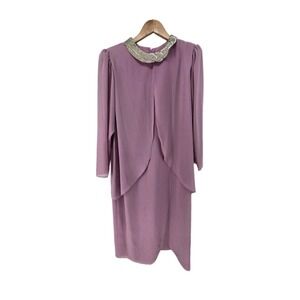 Vintage Miss Elliette Women's 12 Midi Dress Embellished Collar 12 Mauve Purple*